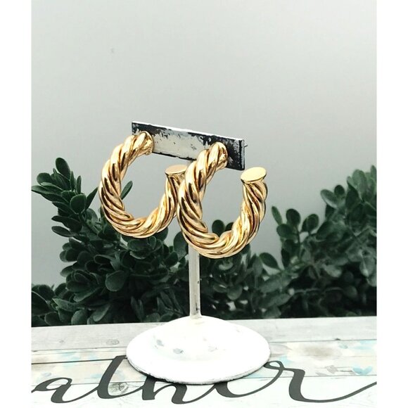 Gold-Tone Twisted Rope Hoop Earrings With Secure Post Back Design by Zara - Picture 3 of 5